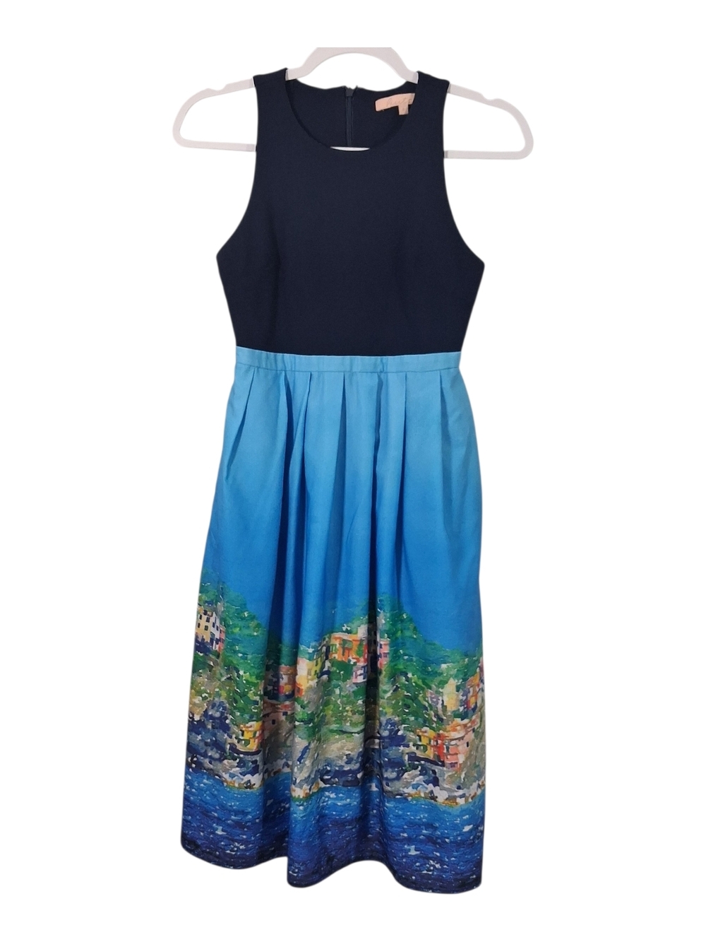 Anthropologie Hutch Navy and Blue Scenic Print Fit-and-Flare Dress Size 0.
